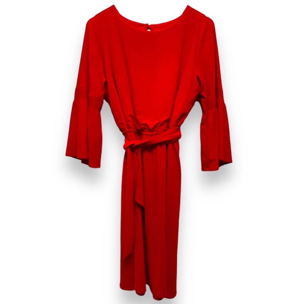 3/15 💚 Emma & Michele Red Midi Belted Faux Wrap Dress Bell Sleeves Scoop Neck
